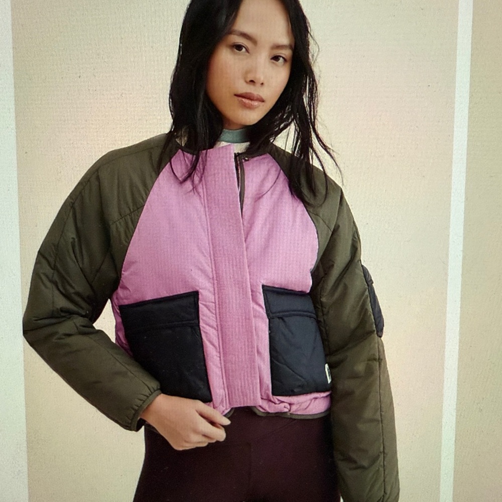 Free People Pink, Olive & Black Cropped Colorblock Puffer Jacket
